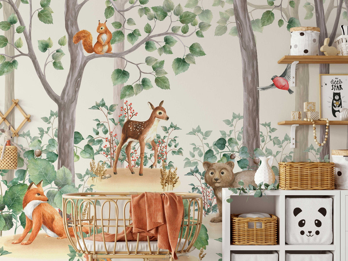 Kids Wallpaper | Kids Watercolour Forest Wall Mural | Peel and Stick or Traditional