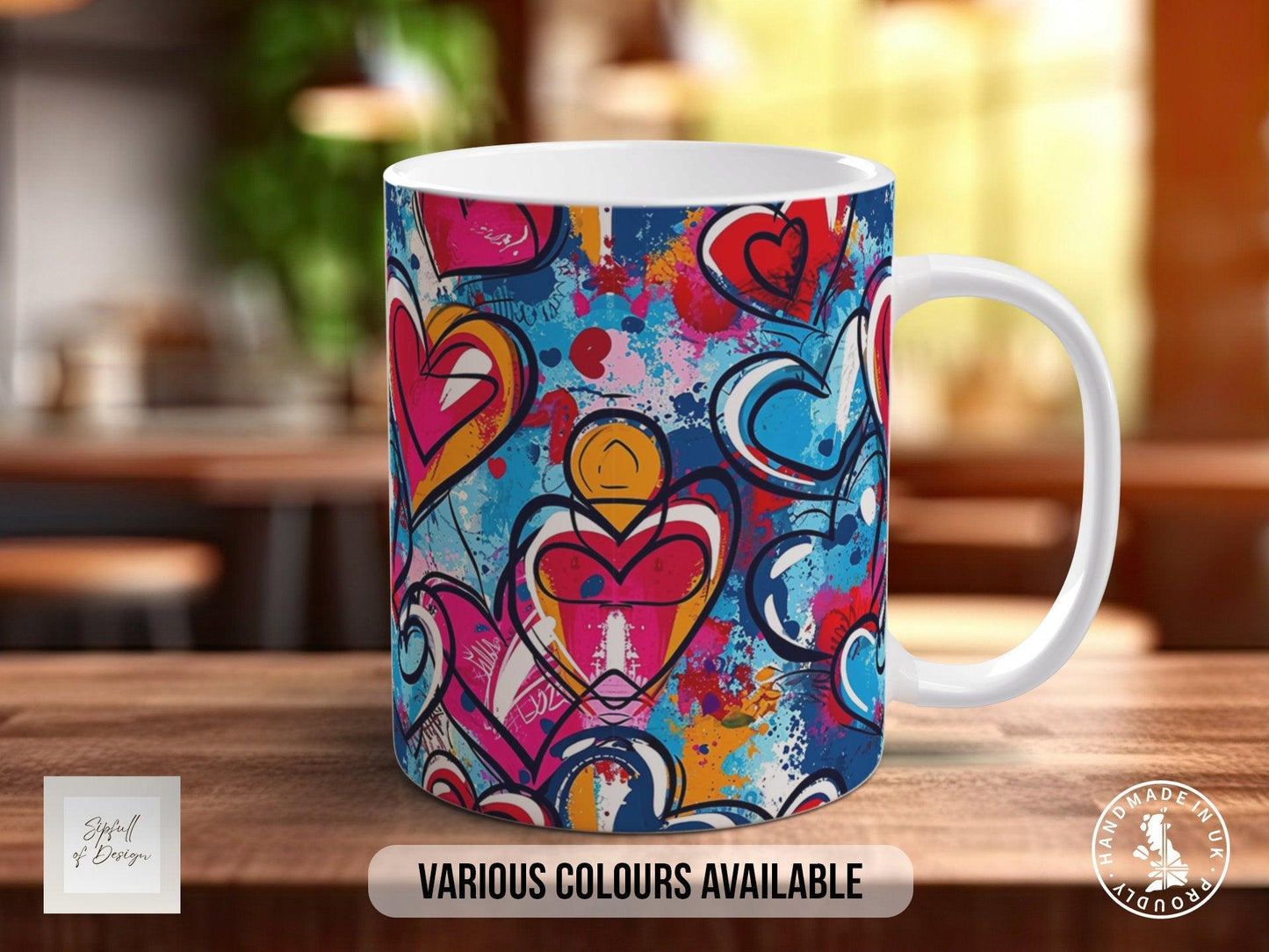 Graffiti Hearts Pattern Full Wrap Coloured Art Mug - Design 11