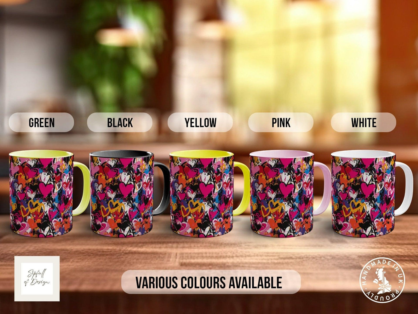 Graffiti Hearts Pattern Full Wrap Coloured Art Mug - Design 1