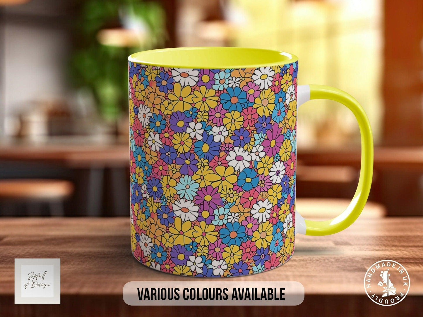 Coloured Groovy Flowers Full Wrap Art Mug - Design 3