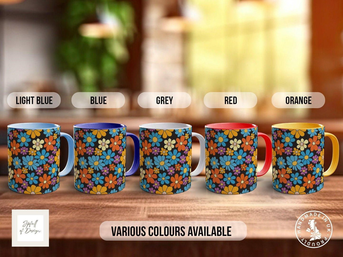 Coloured Groovy Flowers Full Wrap Art Mug - Design 12