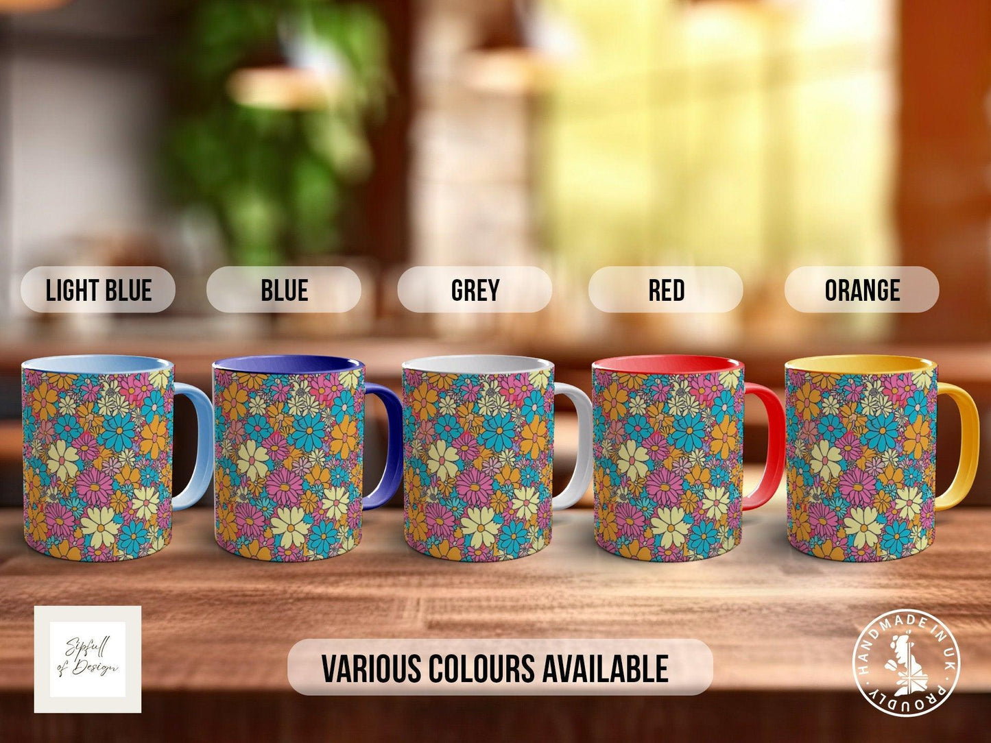 Coloured Groovy Flowers Full Wrap Art Mug - Design 1