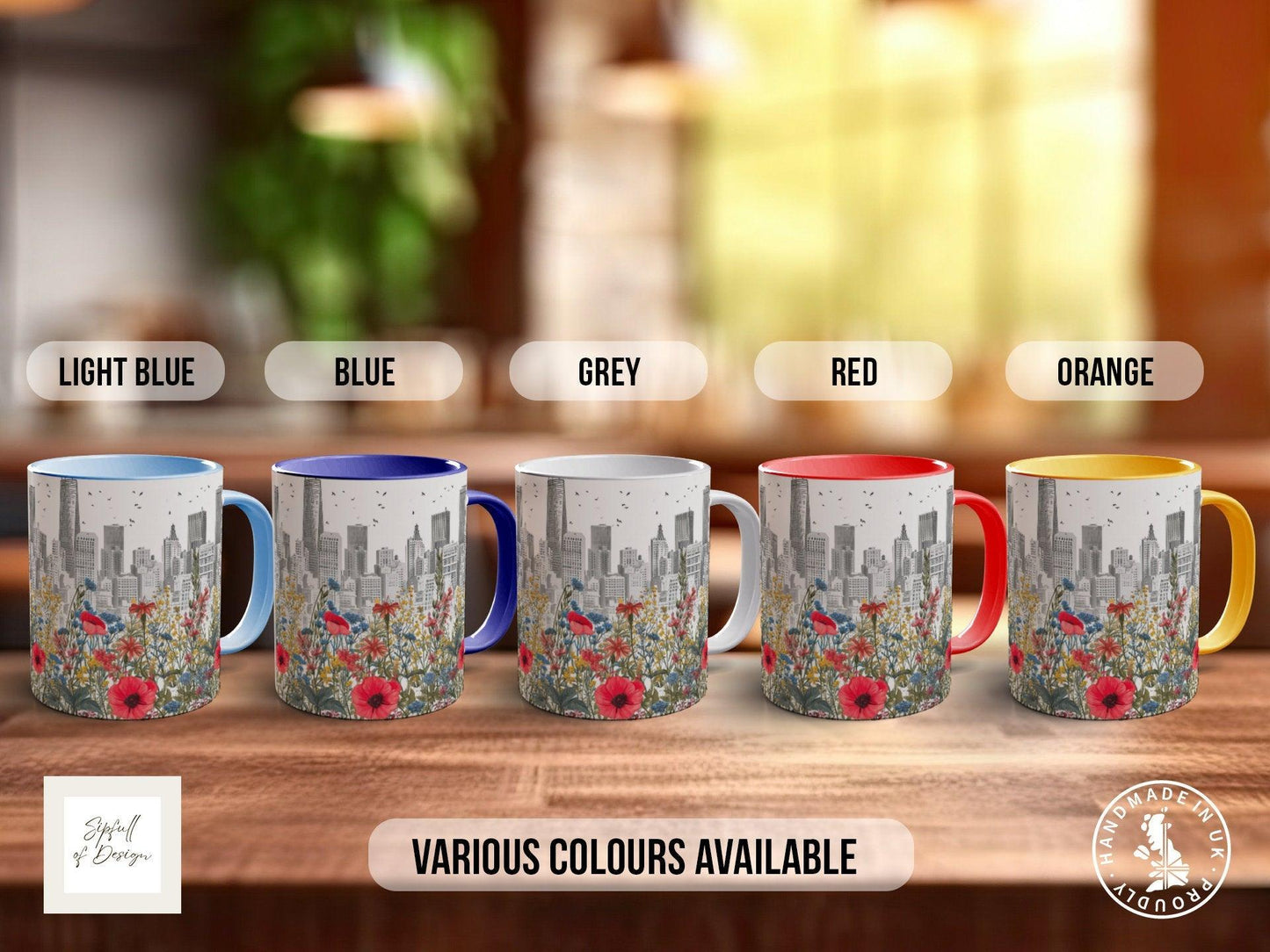 Cityscape Wildflower Pattern Full Wrap Coloured Art Mug - Design 2