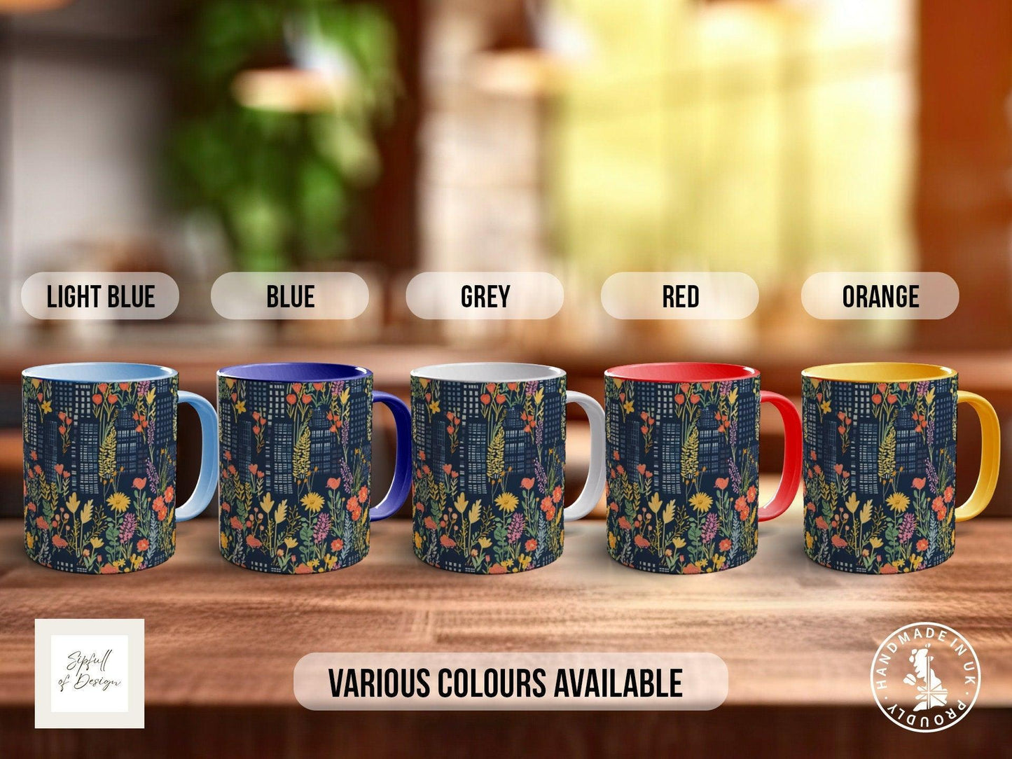 Cityscape Wildflower Pattern Full Wrap Coloured Art Mug - Design 10