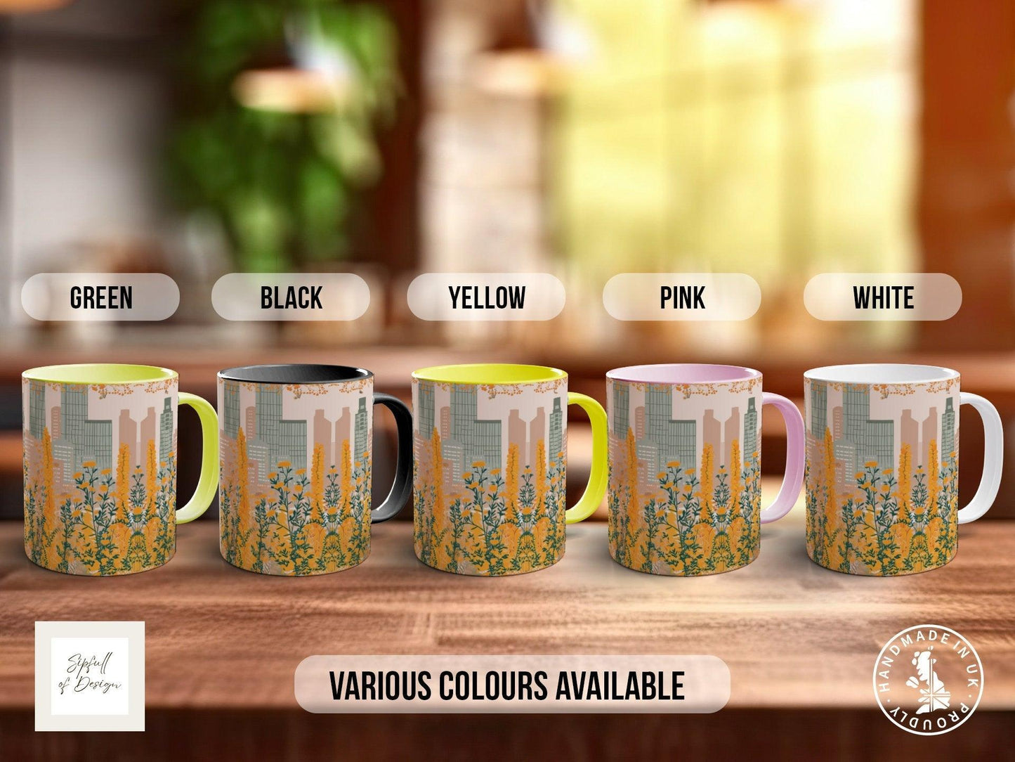 Cityscape Wildflower Pattern Full Wrap Coloured Art Mug - Design 12