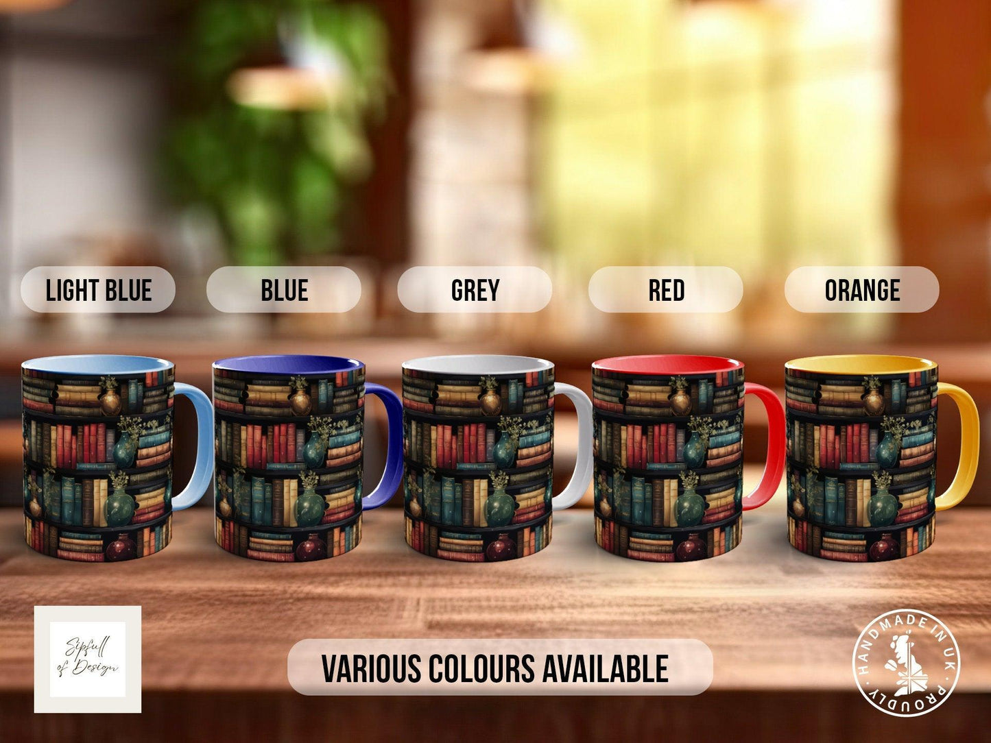 Book Shelf Pattern Full Wrap Coloured Art Mug - Design 6