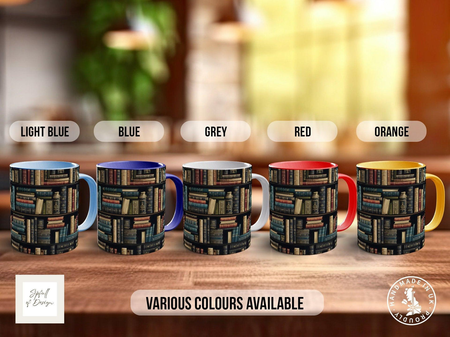 Book Shelf Pattern Full Wrap Coloured Art Mug - Design 1