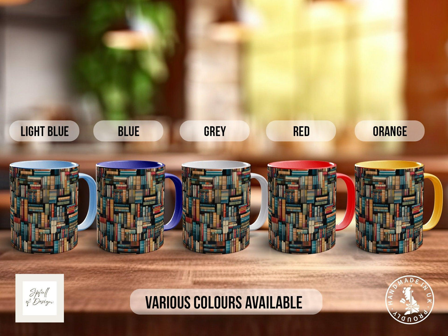 Book Shelf Pattern Full Wrap Coloured Art Mug - Design 5