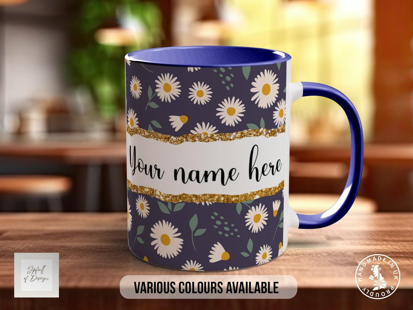 Personalised Daisy Mug – Coloured Bone China Mug with Floral Design & Positive Quote