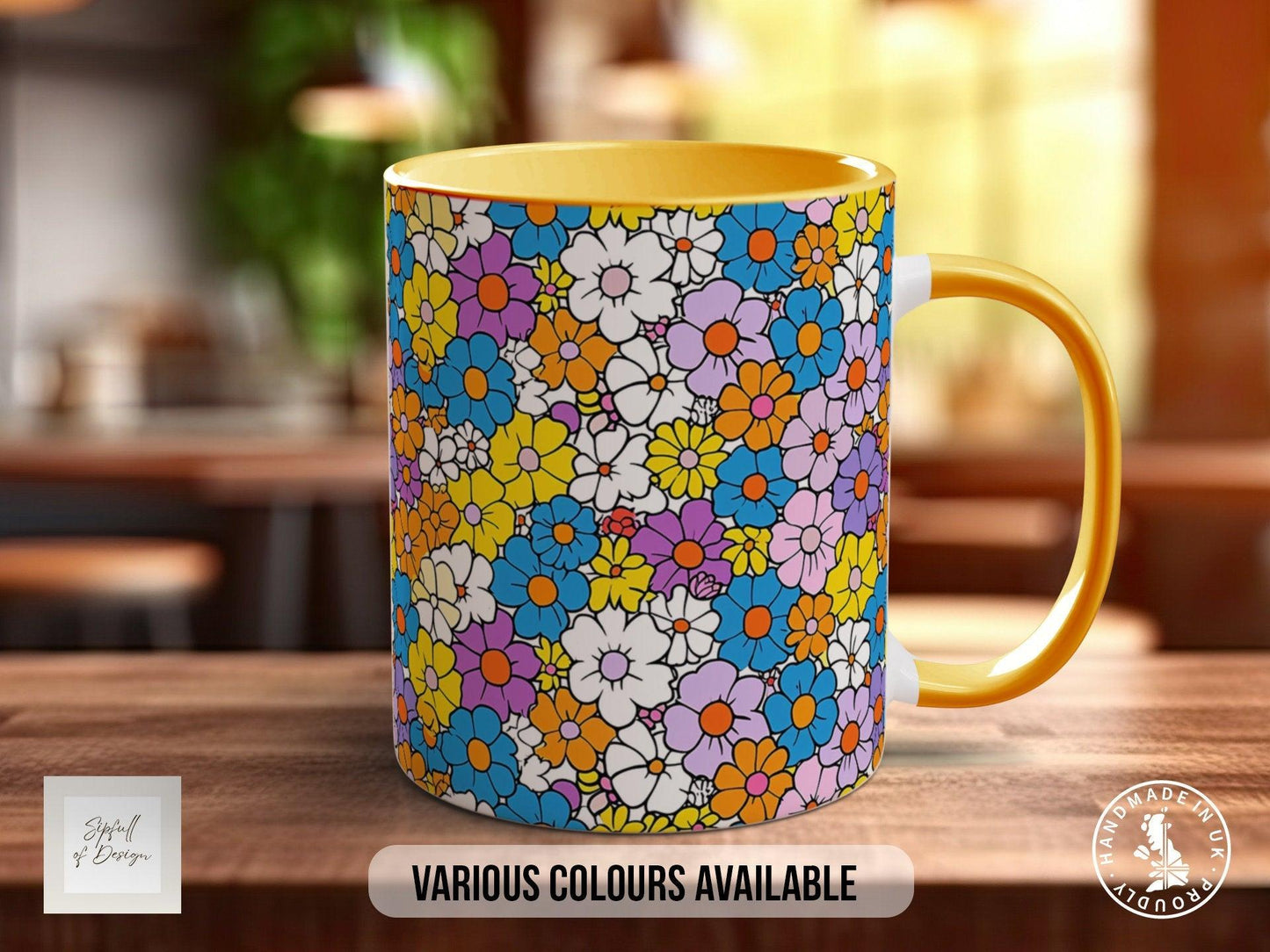 Coloured Groovy Flowers Full Wrap Art Mug - Design 6