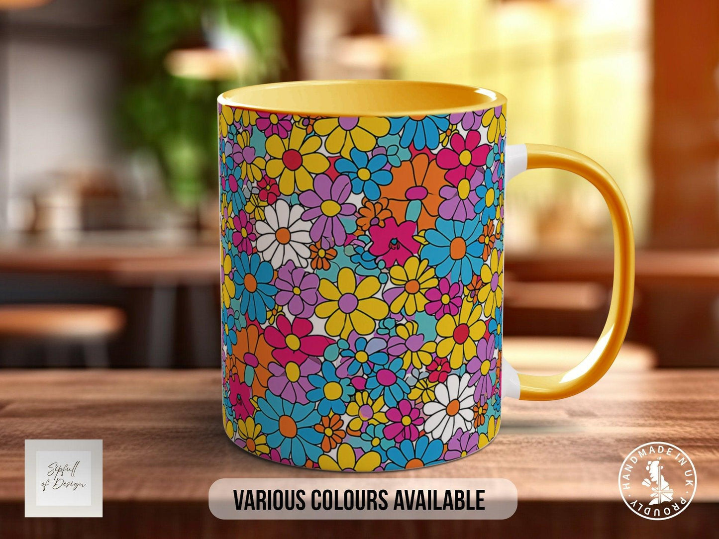 Coloured Groovy Flowers Full Wrap Art Mug - Design 4