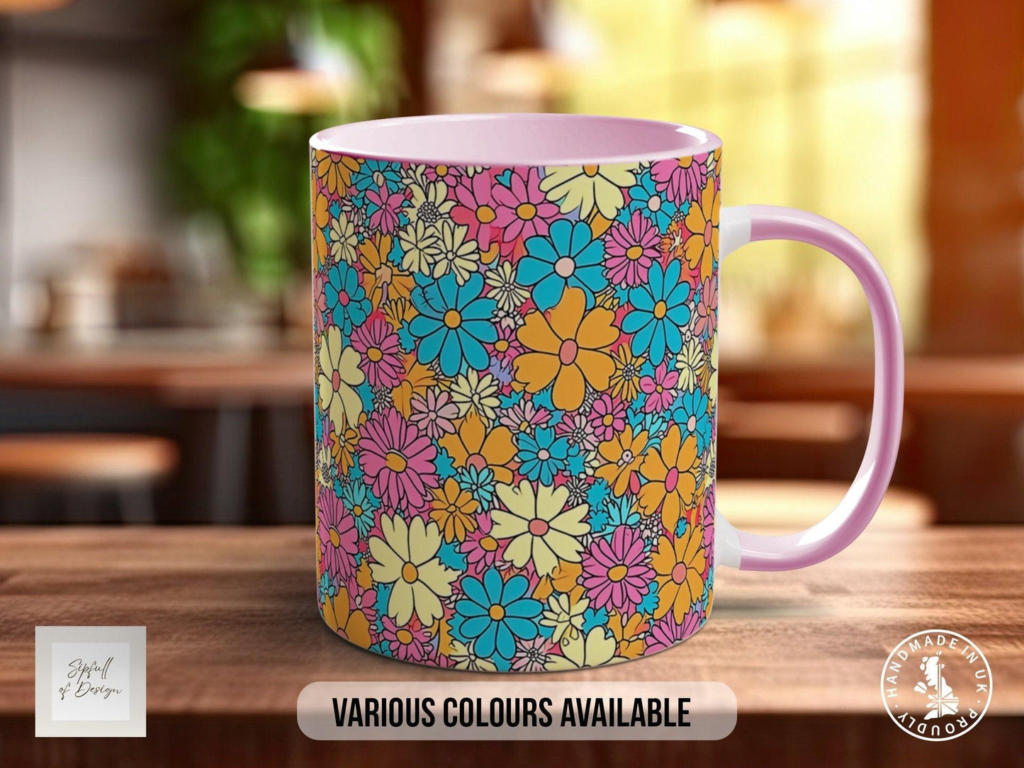 Coloured Groovy Flowers Full Wrap Art Mug - Design 1