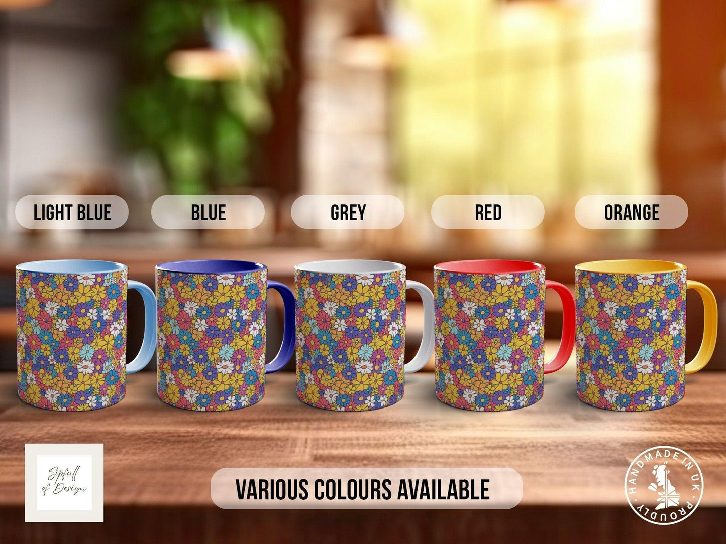 Coloured Groovy Flowers Full Wrap Art Mug - Design 3