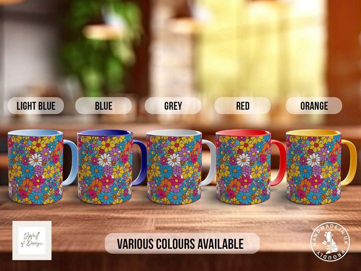Coloured Groovy Flowers Full Wrap Art Mug - Design 4