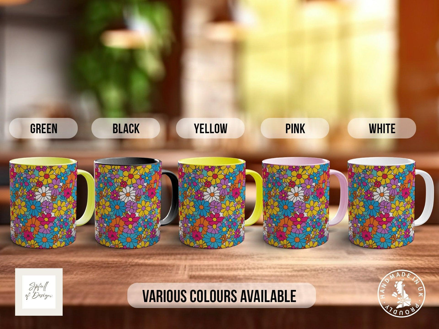 Coloured Groovy Flowers Full Wrap Art Mug - Design 4