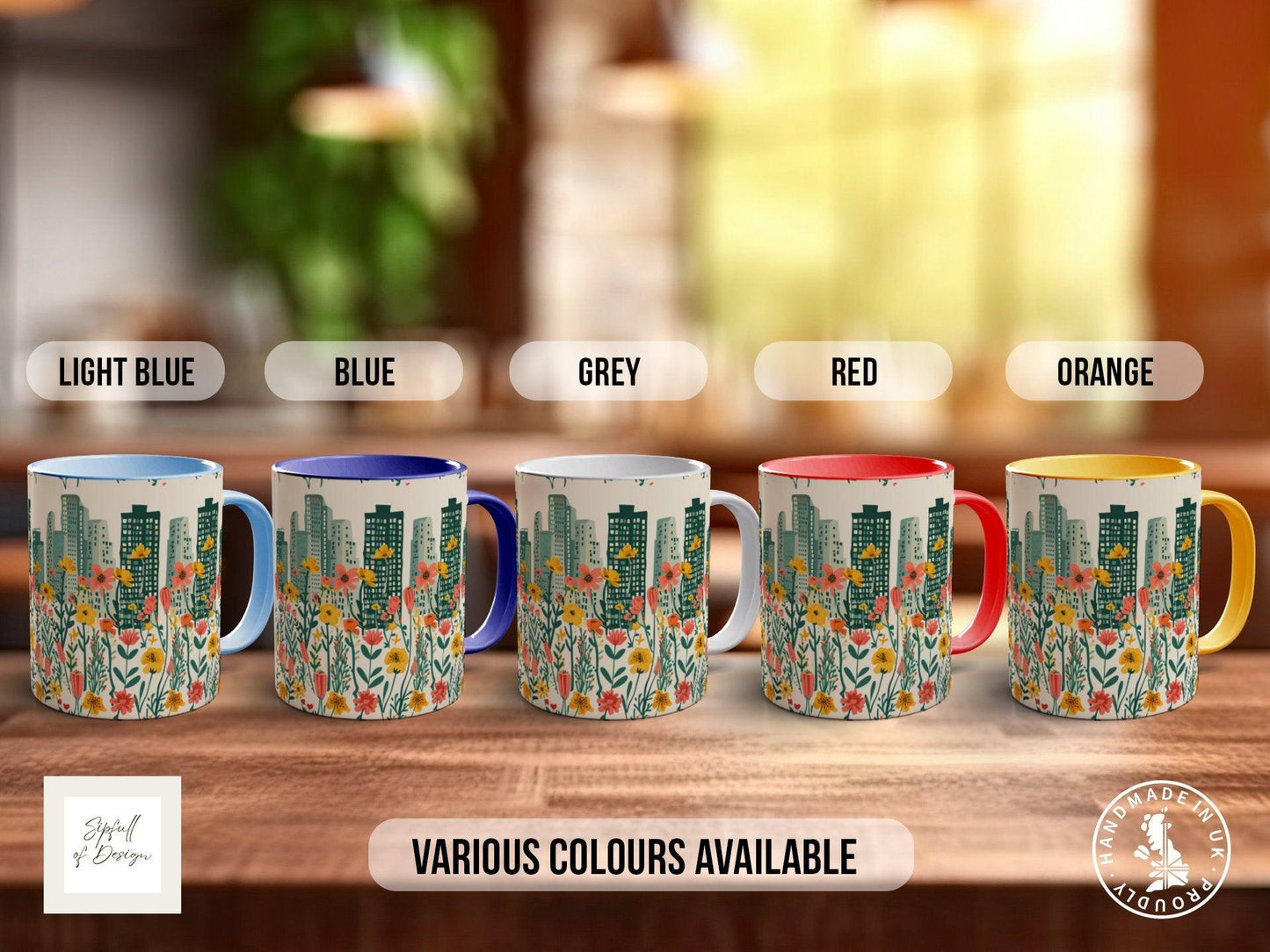 Cityscape Wildflower Pattern Full Wrap Coloured Art Mug - Design 15