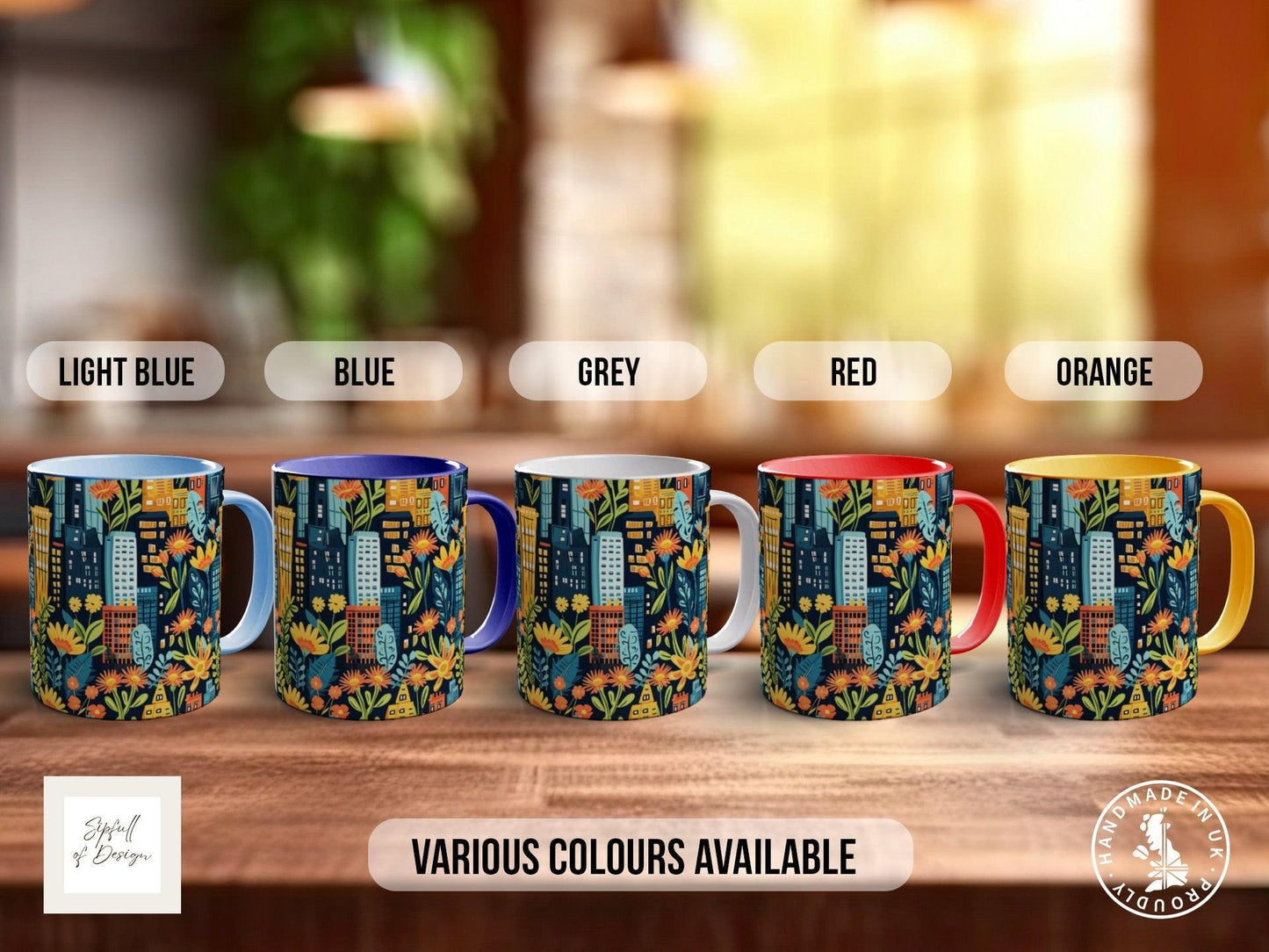 Cityscape Wildflower Pattern Full Wrap Coloured Art Mug - Design 3