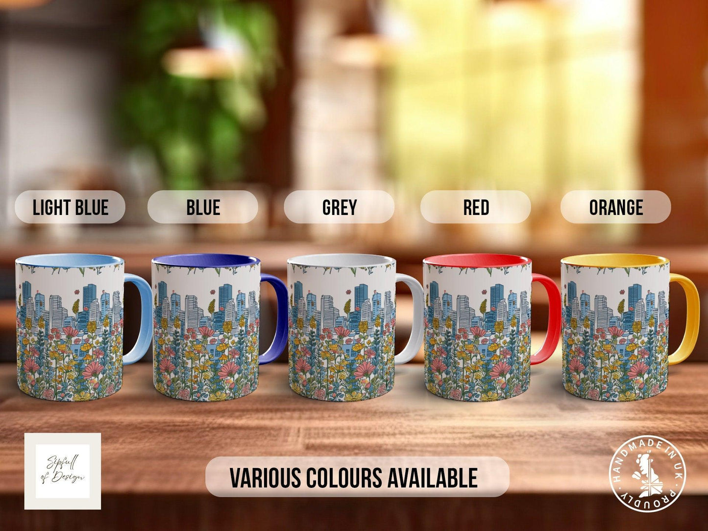 Cityscape Wildflower Pattern Full Wrap Coloured Art Mug - Design 7