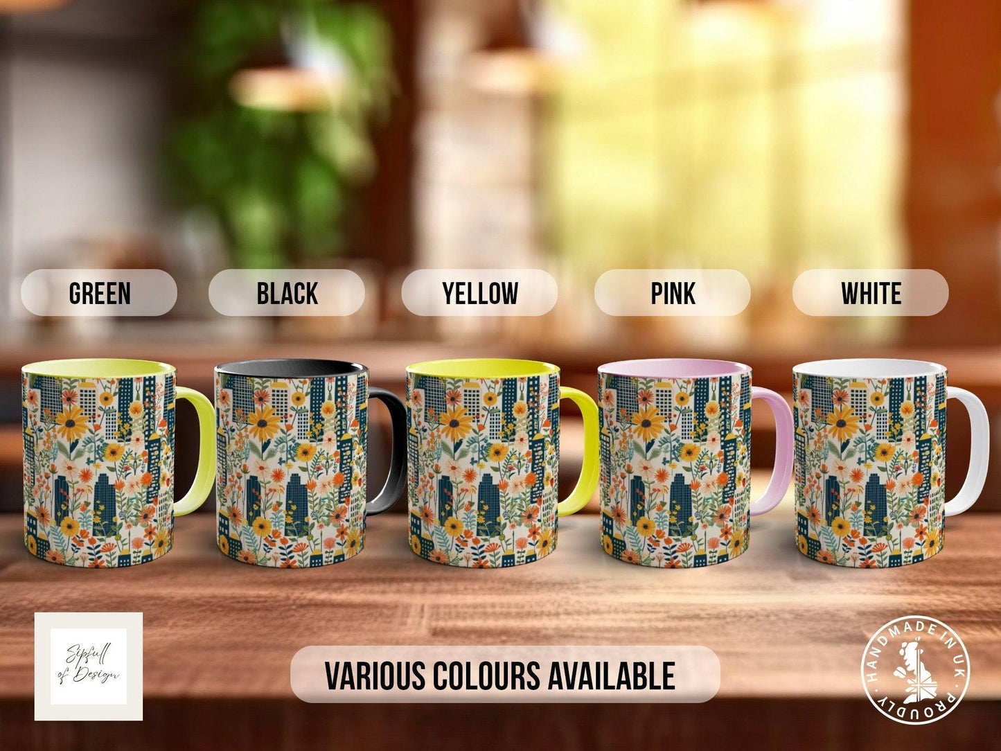 Cityscape Wildflower Pattern Full Wrap Coloured Art Mug - Design 9