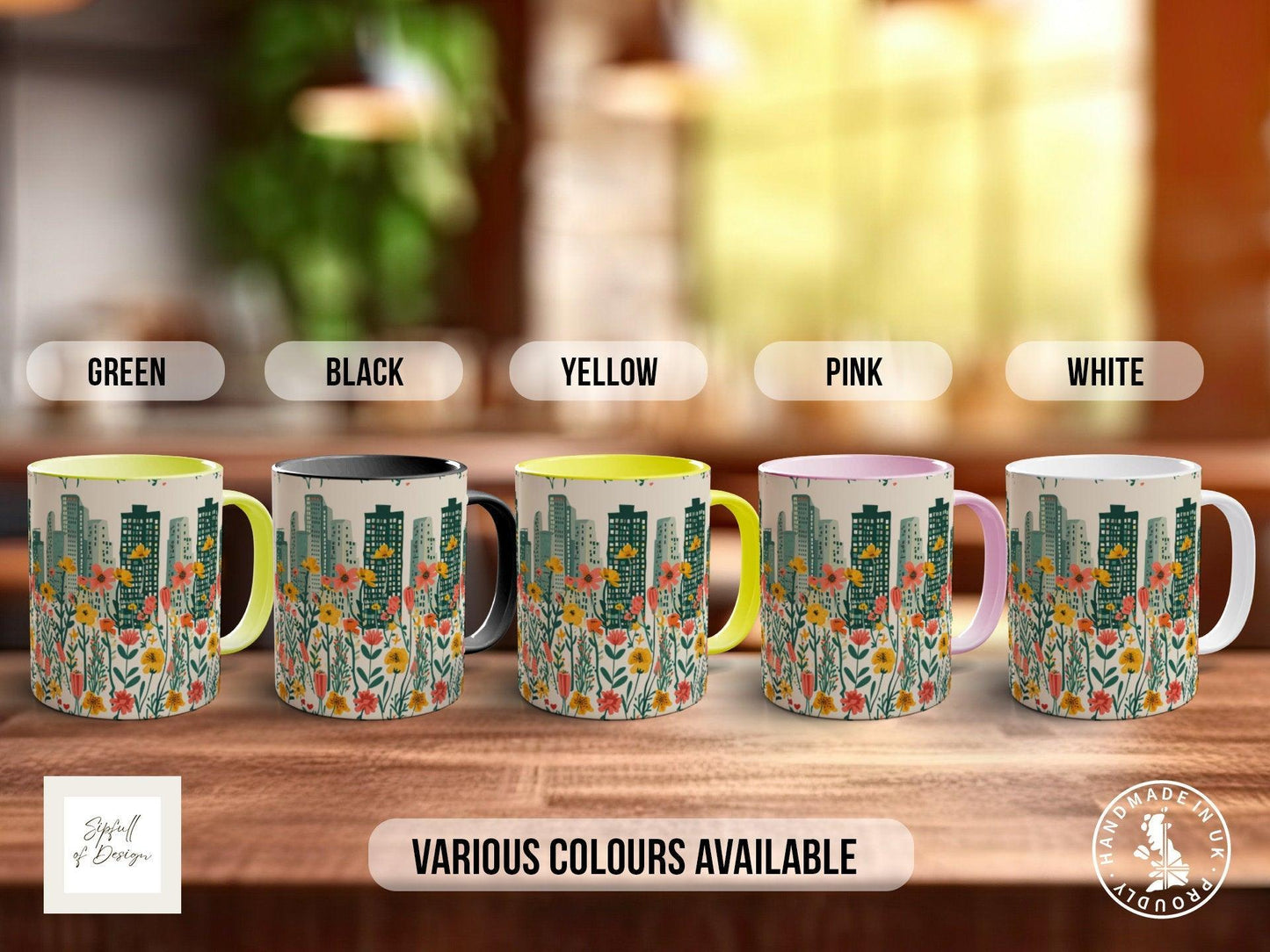 Cityscape Wildflower Pattern Full Wrap Coloured Art Mug - Design 15