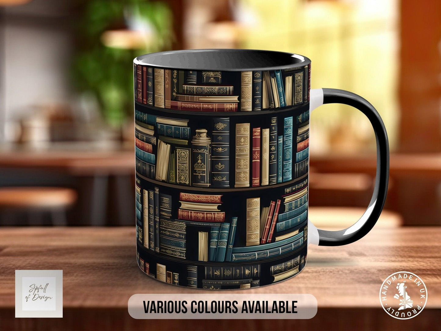 Book Shelf Pattern Full Wrap Coloured Art Mug - Design 1