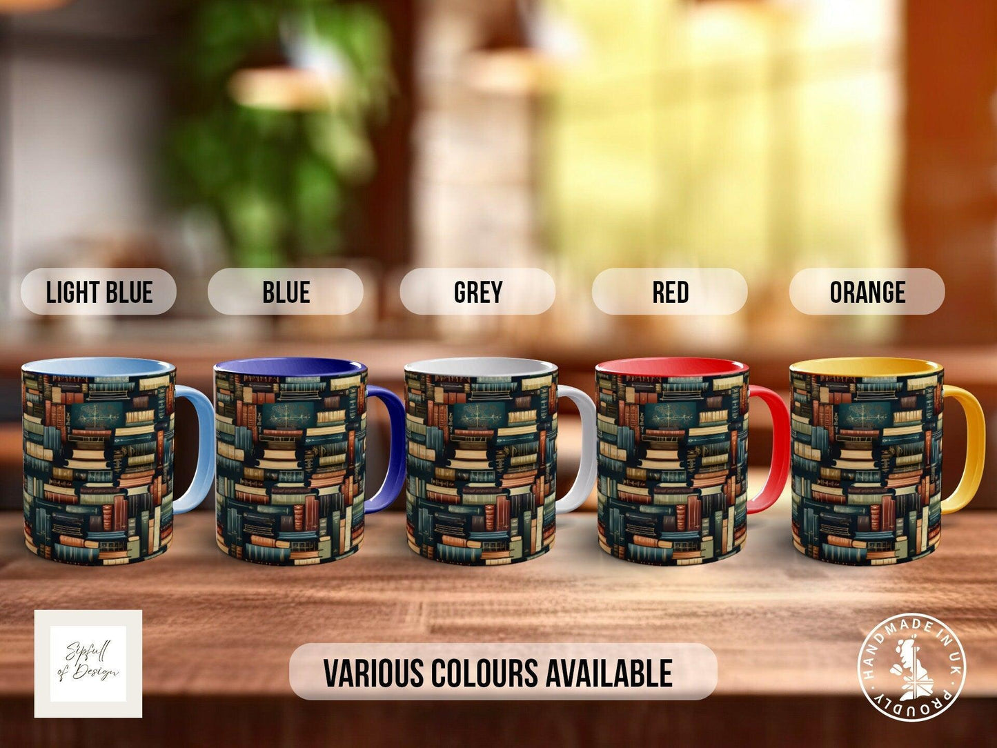 Book Shelf Pattern Full Wrap Coloured Art Mug - Design 11
