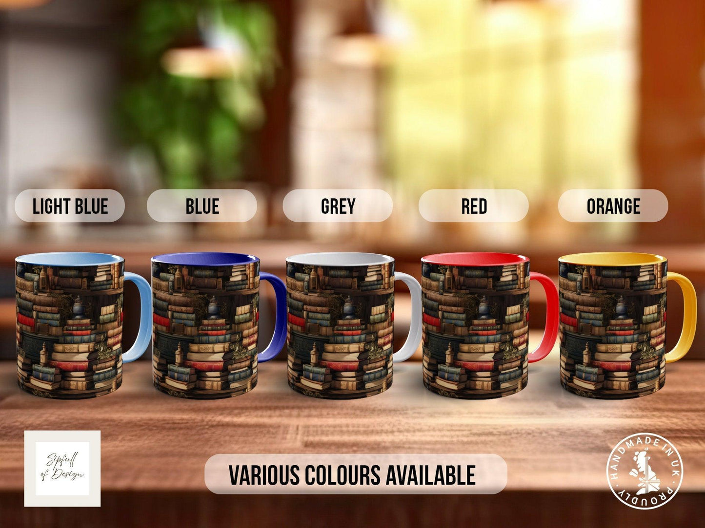 Book Shelf Pattern Full Wrap Coloured Art Mug - Design 12