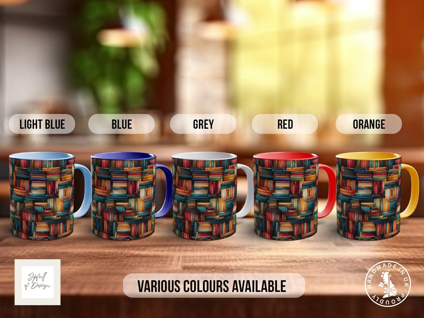 Book Shelf Pattern Full Wrap Coloured Art Mug - Design 7