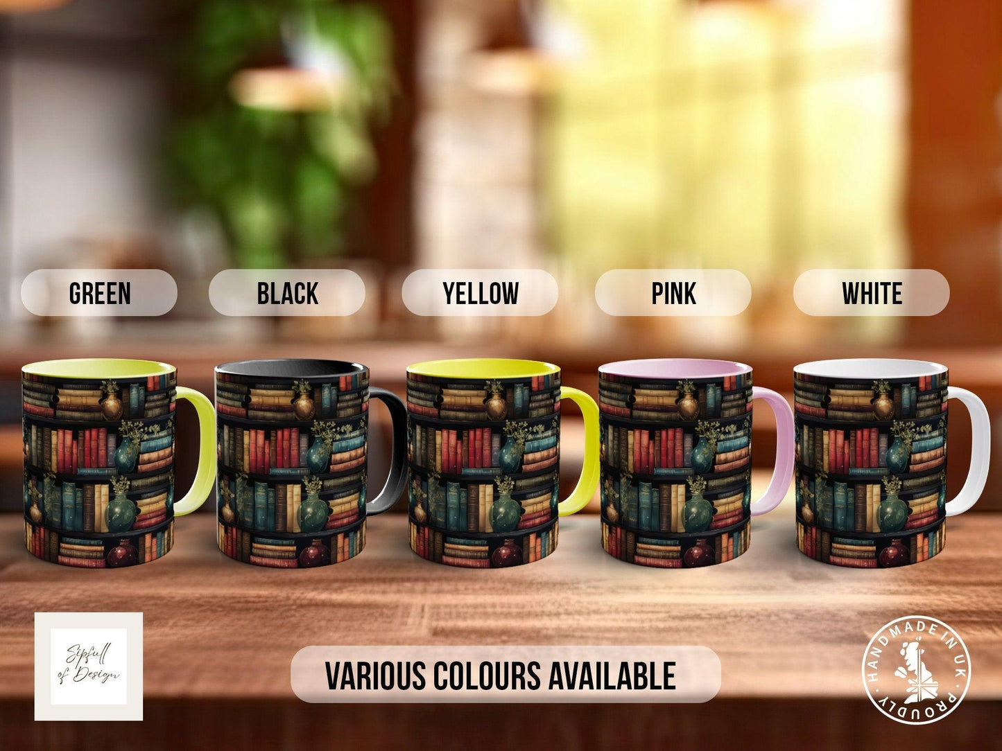 Book Shelf Pattern Full Wrap Coloured Art Mug - Design 6