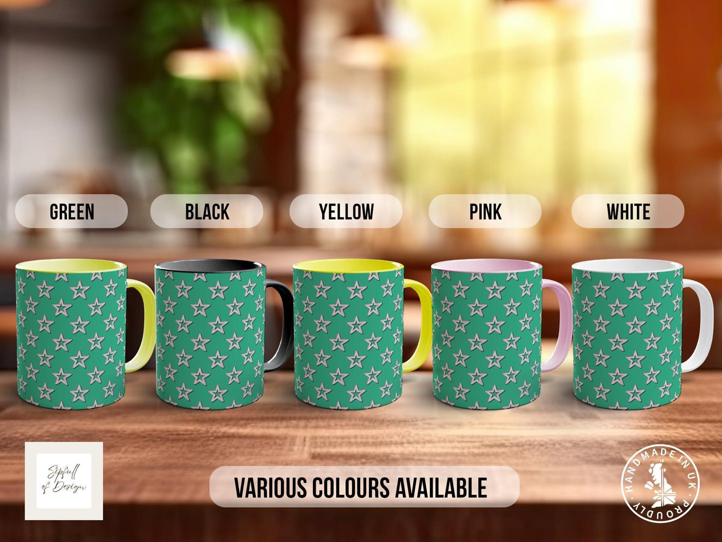 White on Green Retro Stars Pattern Full Wrap Coloured Art Mug - Design 9