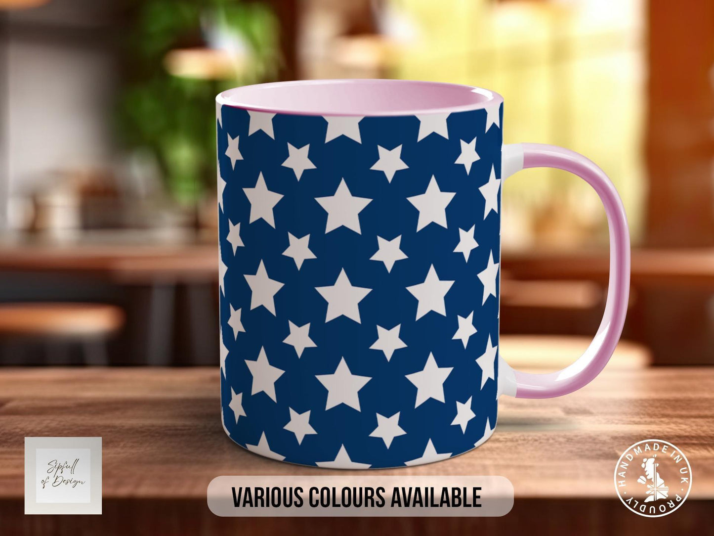 White on Blue Star Pattern Full Wrap Coloured Art Mug - Design 20
