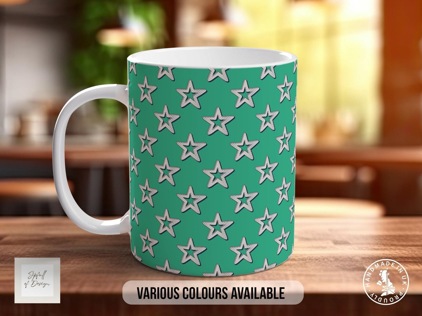 White on Green Retro Stars Pattern Full Wrap Coloured Art Mug - Design 9