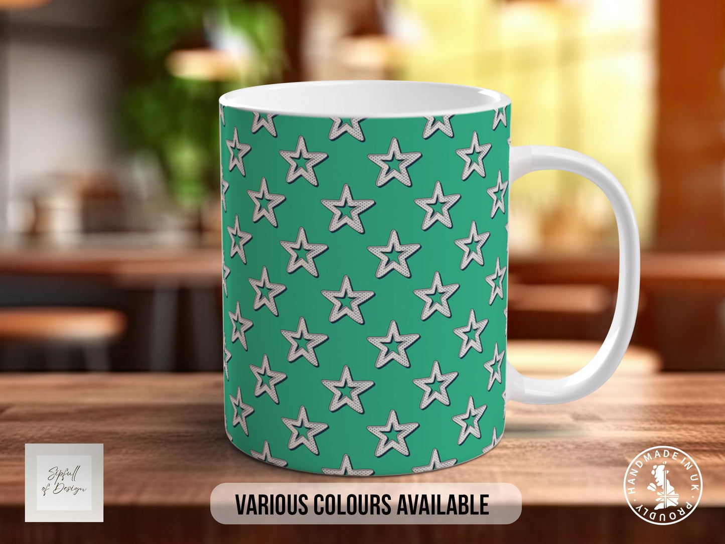 White on Green Retro Stars Pattern Full Wrap Coloured Art Mug - Design 9