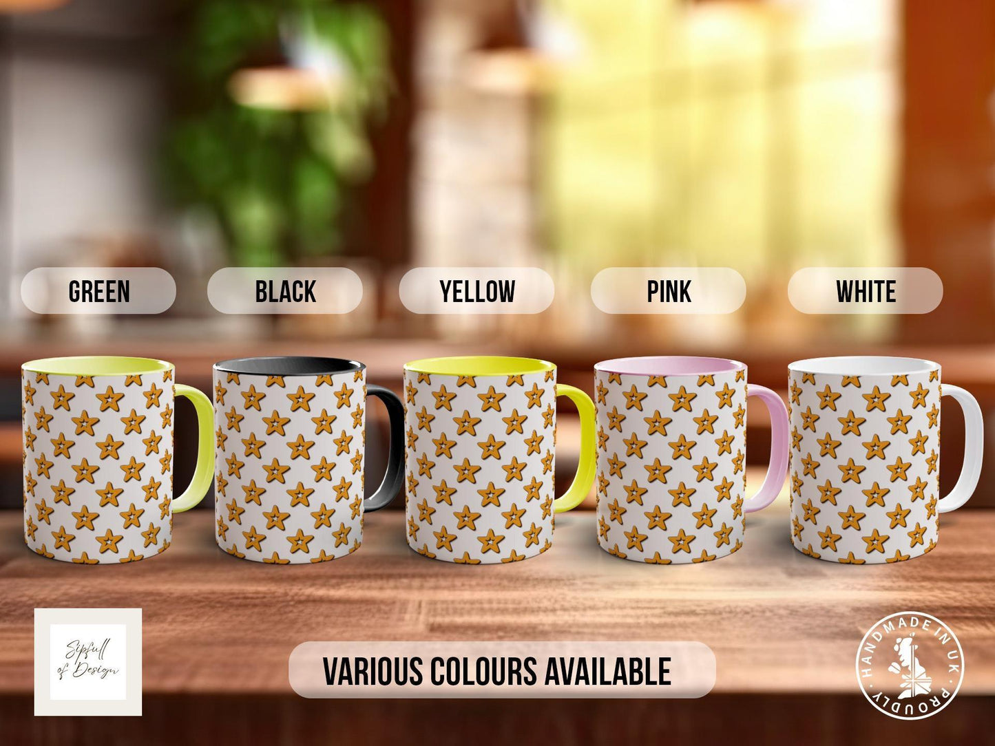 Gold on White Retro Stars Pattern Full Wrap Coloured Art Mug - Design 10