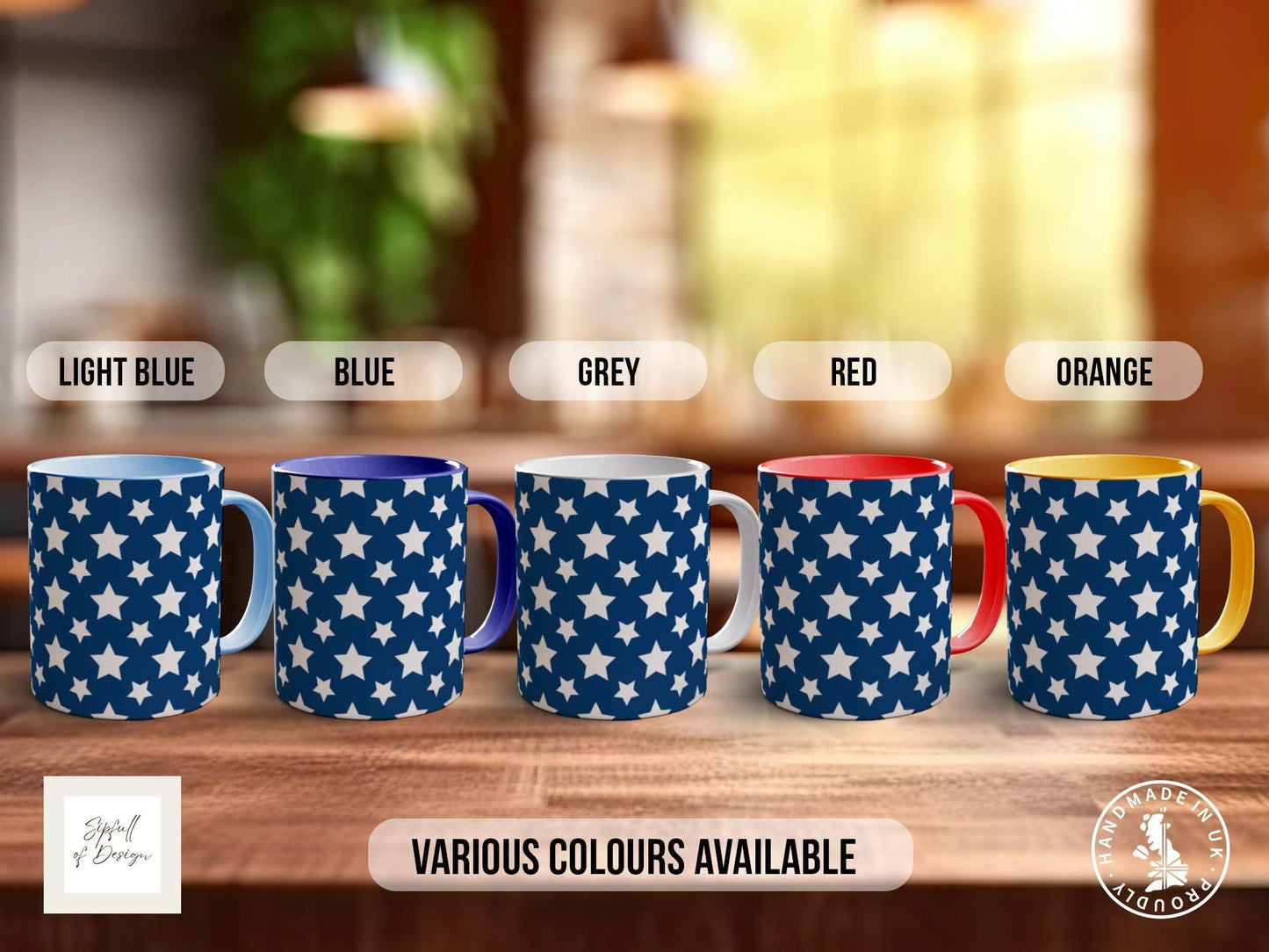 White on Blue Star Pattern Full Wrap Coloured Art Mug - Design 20