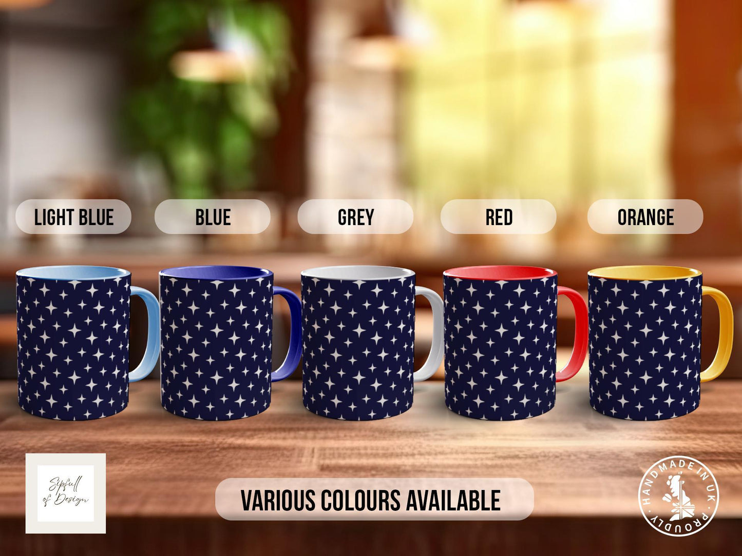 Flat White Star Pattern Full Wrap Coloured Art Mug - Design 21