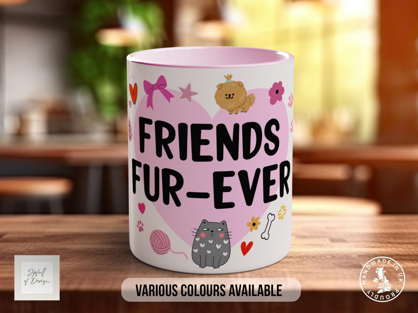 Friends Fur-Ever Dog Lover Mug – Cute Pet Gift for Animal Owners, Cat & Dog Mug, Paw Print Coffee Cup – Various Colours and Sizes
