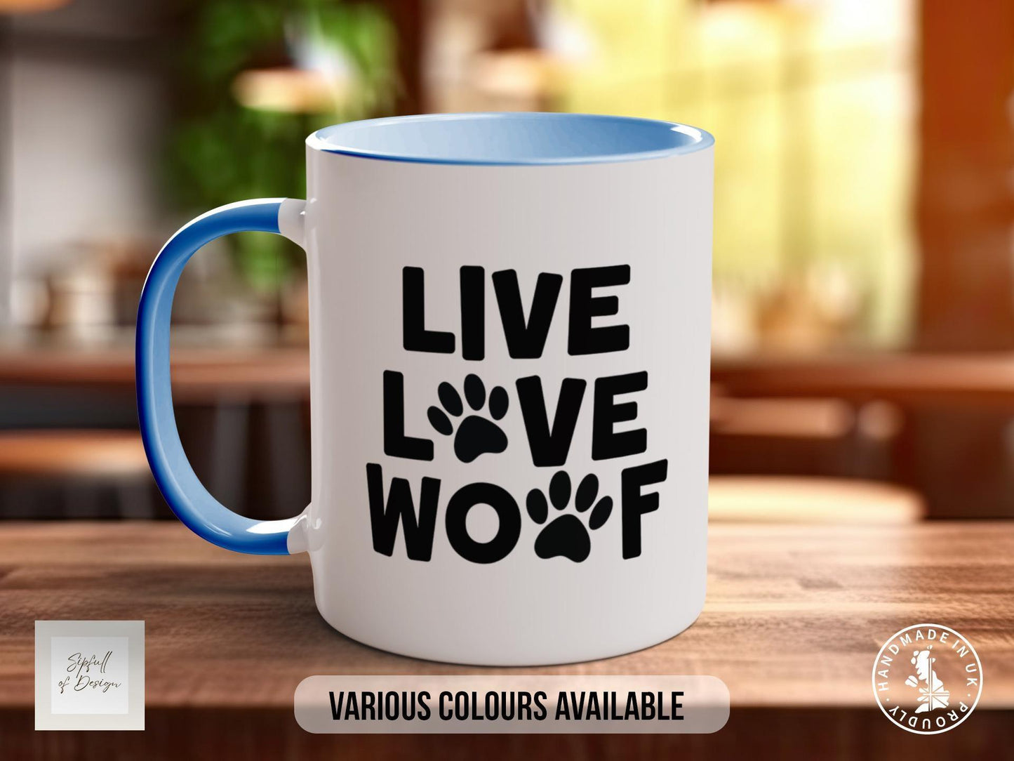 Live Love Woof Mug, Dog Lover Gift, Cute Paw Print Coffee Cup, Dog Mum or Dad Mug, Colourful Pet Owner Gift for Animal Lovers