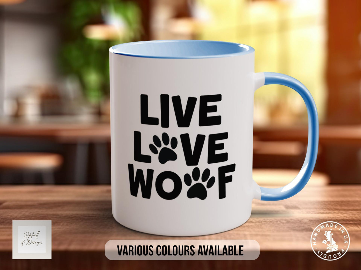 Live Love Woof Mug, Dog Lover Gift, Cute Paw Print Coffee Cup, Dog Mum or Dad Mug, Colourful Pet Owner Gift for Animal Lovers