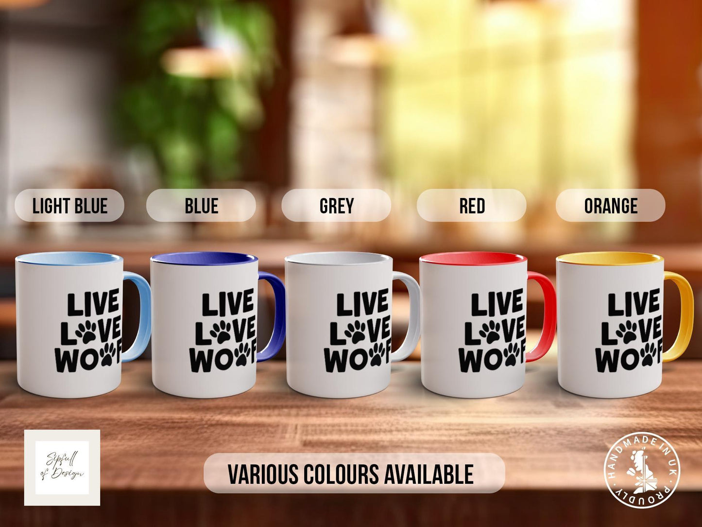 Live Love Woof Mug, Dog Lover Gift, Cute Paw Print Coffee Cup, Dog Mum or Dad Mug, Colourful Pet Owner Gift for Animal Lovers