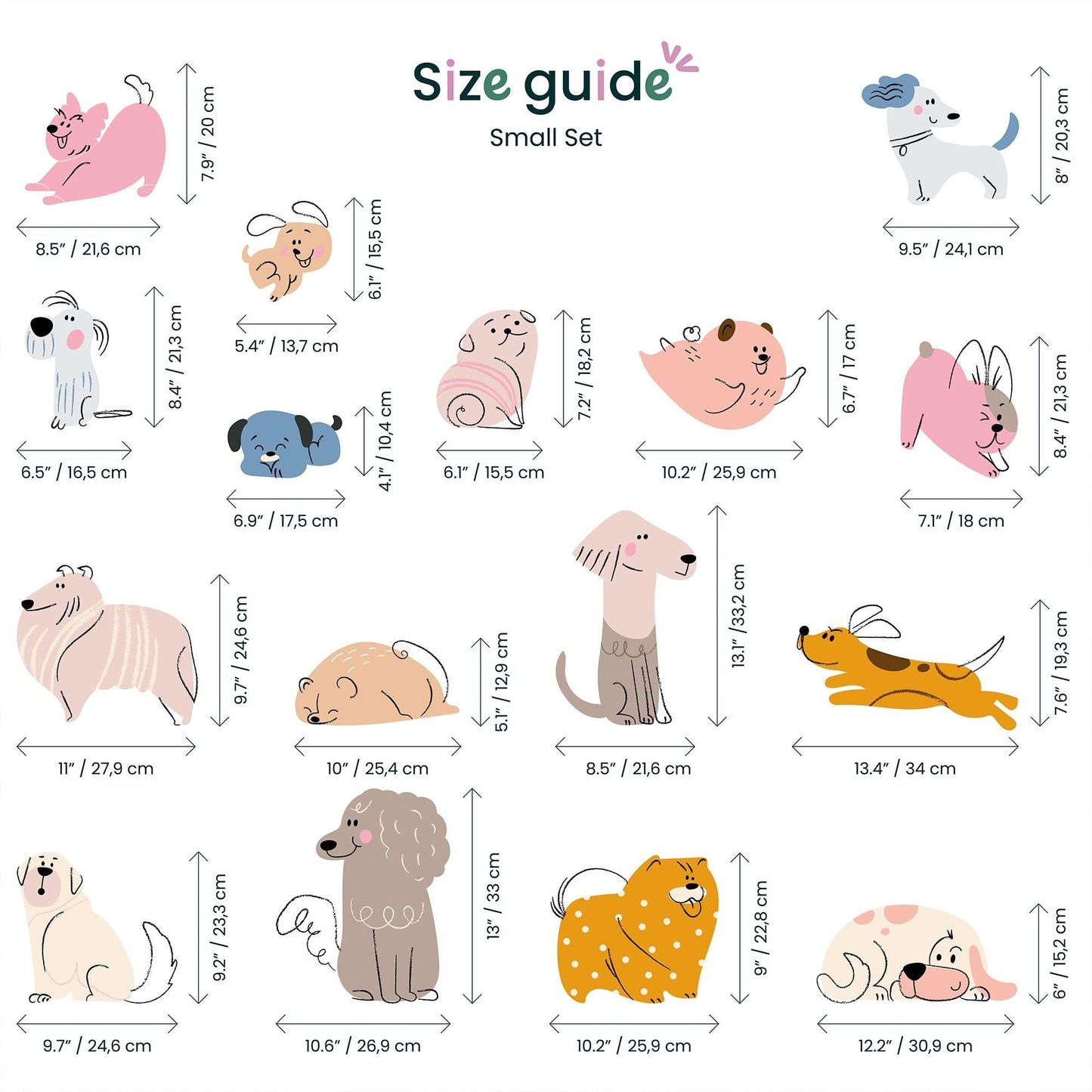 Hand Drawn Puppy Wall Decals: Baby Room Decor, Set of 16