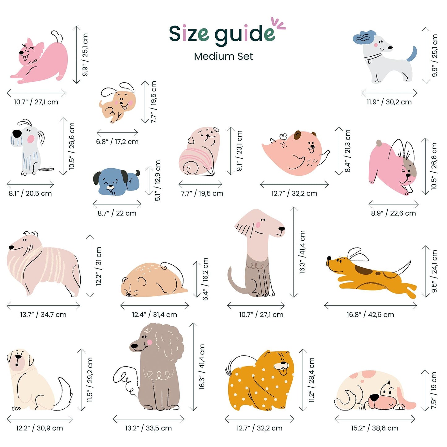 Hand Drawn Puppy Wall Decals: Baby Room Decor, Set of 16