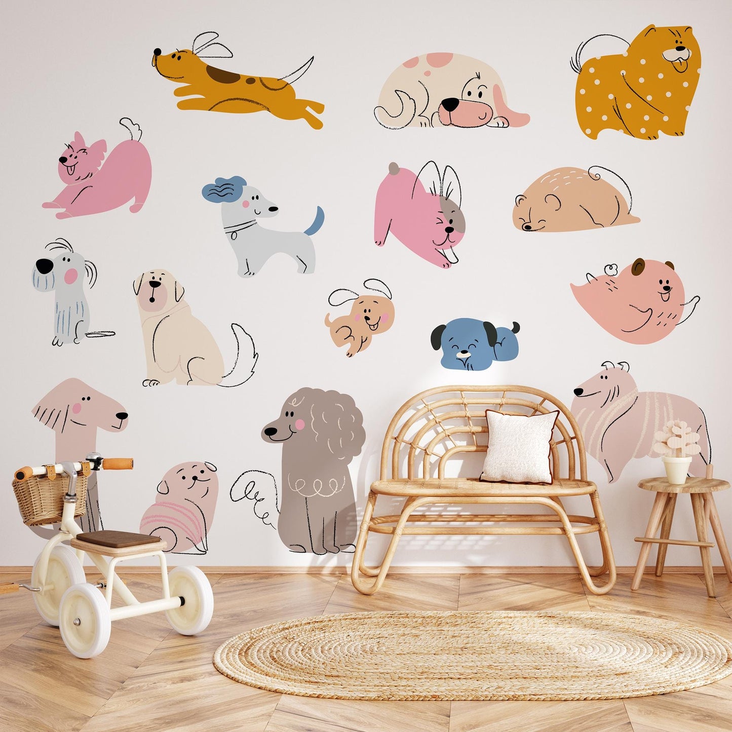 Hand Drawn Puppy Wall Decals: Baby Room Decor, Set of 16