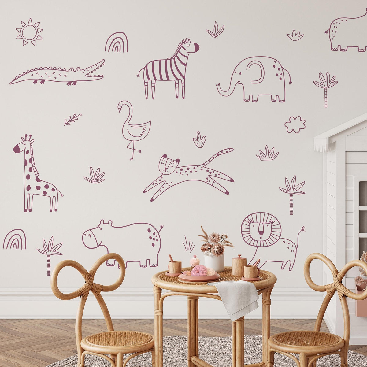 Jungle Animal Wall Decals | Line Art Safari Set of 22 in 30 Colours | Nursery Decor