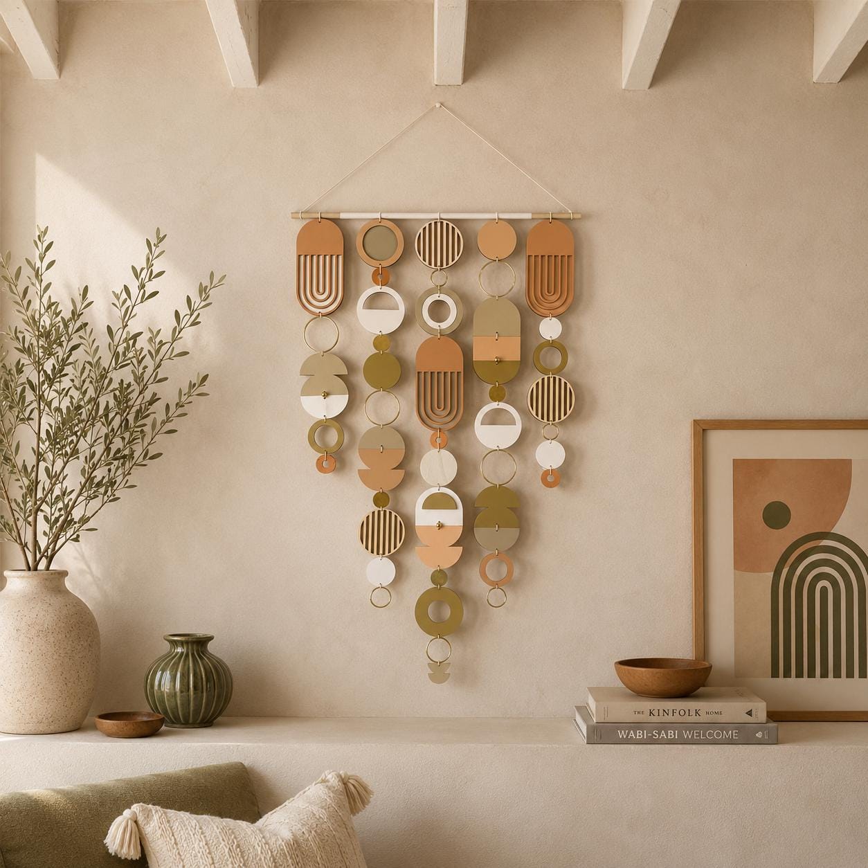 Large MCM Cream & Pink Wall Art - Minimalist Home Decor