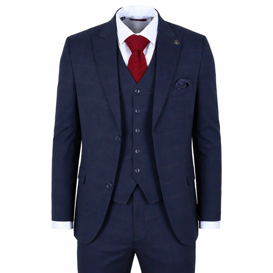 IM54 - Men's Navy Blue Check Tailored Fit 3 Piece Suit
