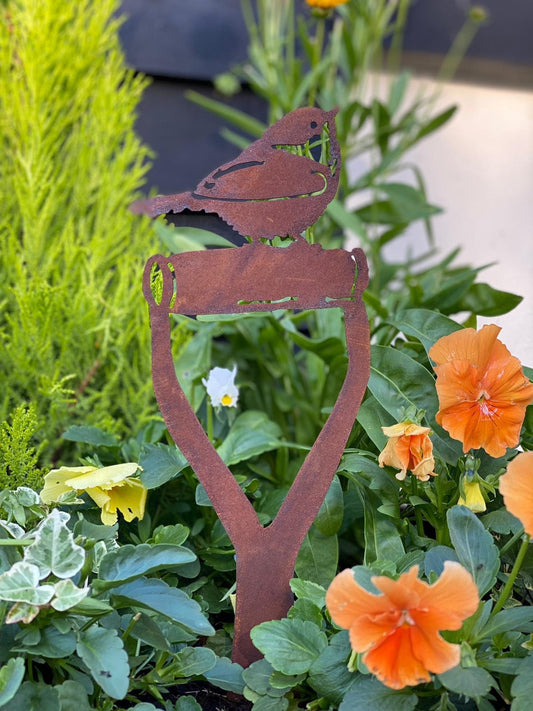 Rusty Metal Bird On A Spade Garden Decoration