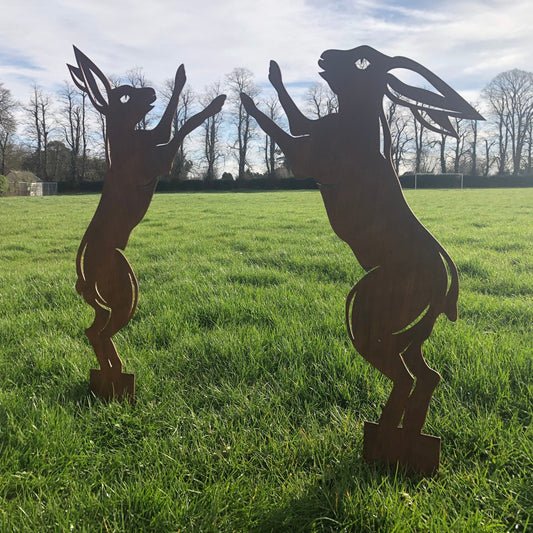 Pair Of Rusty Metal Boxing Hares Garden Decoration