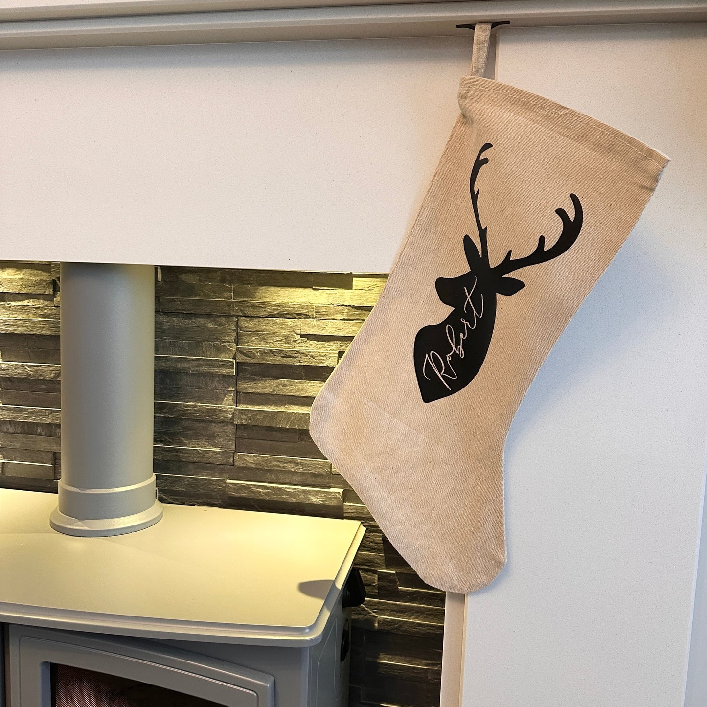 Personalised Name Reindeer Stag Head Natural Hessian Christmas Stocking