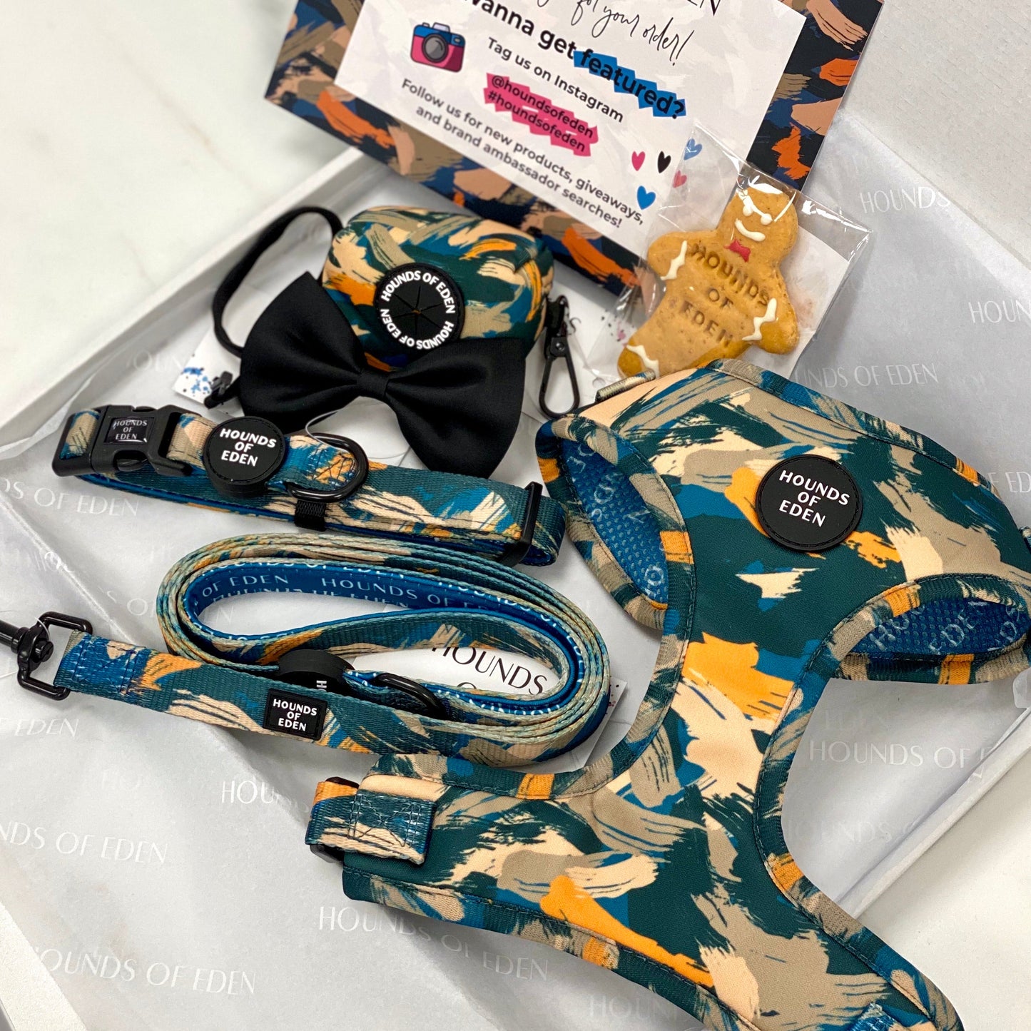 'Brush it Off' - Olive, Blue & Orange Camo Pattern Dog Harness